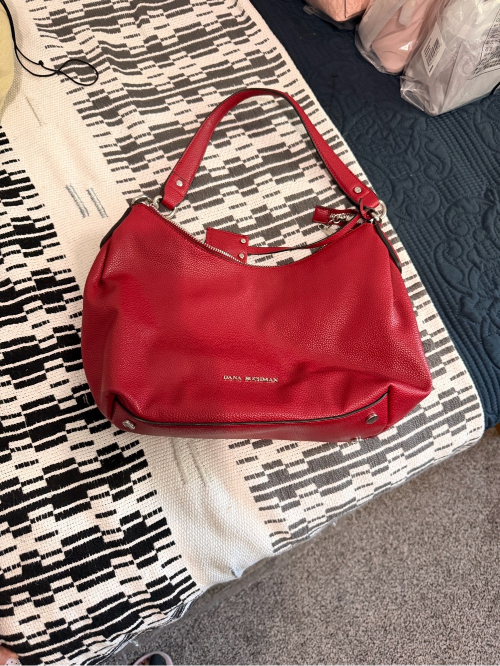 Dana Buchman Red Pebbled Leather Shoulder Bag with Silver Hardware